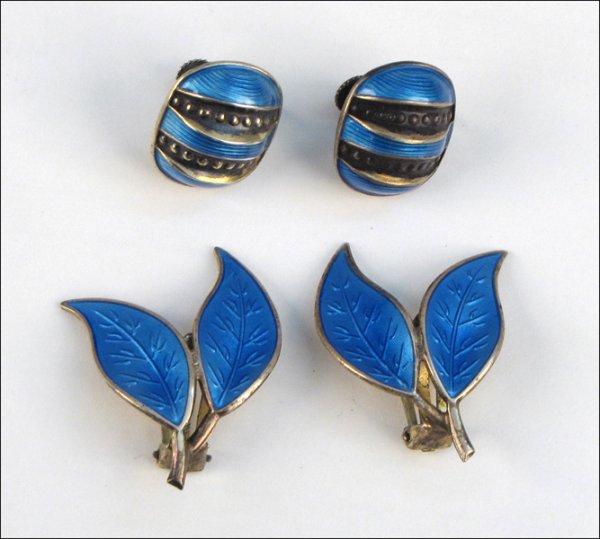 PAIR OF DAVID ANDERSEN BLUE ENAMEL AND STERLING: PAIR OF DAVID ANDERSEN BLUE ENAMEL AND STERLING SILVER LEAF FORM EARCLIPS. Together with a pair of sterling silver and blue guilloche enamel screwback earrings