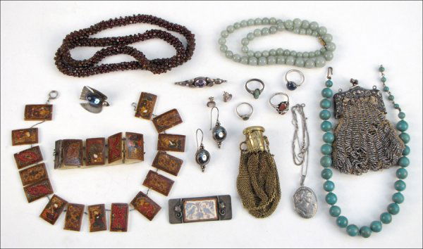 PAINTED BONE NECKLACE AND BRACELET.: PAINTED BONE NECKLACE AND BRACELET. Together with sterling silver rings, earrings, and brooches, a German silver beaded handbag, a gilt metal mesh handbag, and two necklaces