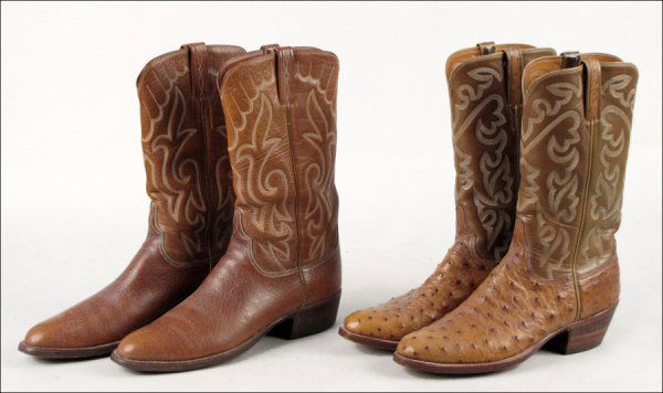 ONE PAIR OF LUCCHESE OSTRICH AND LEATHER BOOTS.: ONE PAIR OF LUCCHESE OSTRICH AND LEATHER BOOTS. Together with one pair of Lucchese brown leather boots Both size 9.5