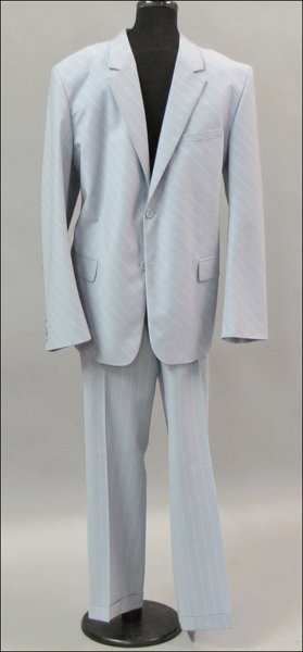 GIANNI VERSACE LIGHT BLUE DIAGONAL STRIPED WOOL: GIANNI VERSACE LIGHT BLUE DIAGONAL STRIPED WOOL PANT SUIT. Italian size 56