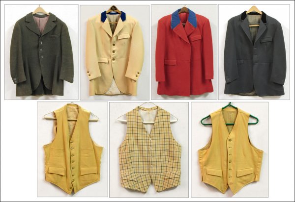 GROUP OF WOOL AND TWEED HUNT AND RIDING JACKETS: GROUP OF WOOL AND TWEED HUNT AND RIDING JACKETS. Together with three wool vests