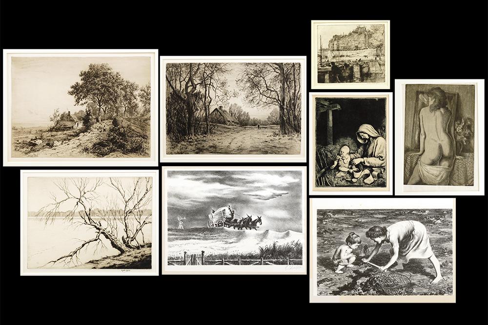 A Collection of Prints.: A Collection of Prints. Includes etchings by D.S. MacLaughlan "Le Quai des Orfevres", Allen Lewis "Swadling Cloth", Emil Ganso "Nude", Martin Hardie "Trees"; all are signed in pencil or ink. Together 