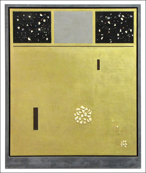 ERIC ORR (AMERICAN 1939-1998) RADIO PLAY AAA, 1: ERIC ORR (AMERICAN 1939-1998) RADIO PLAY AAA, 1990. Gold, bone fragments, artist's blood, meteorite dust and radio parts on lead-wrapped wood panel, signed, titled and dated on the reverse; Numbered o