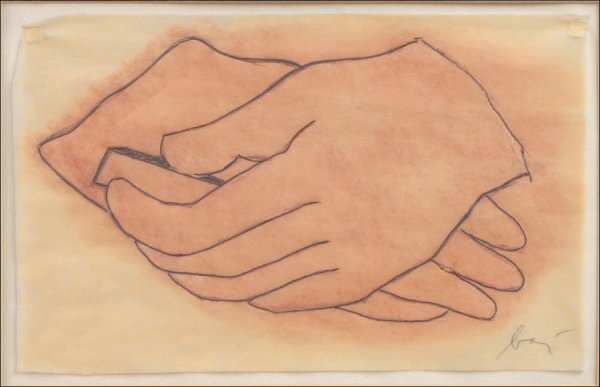 ENRICO BAJ (ITALIAN 1924-2003) HANDS.: ENRICO BAJ (ITALIAN 1924-2003) HANDS. Mixed media on tracing paper, signed lower right 'Baj;' Provenance: Milton D. Ratner Family Collection; Frame: 17" x 22" 8.9" x 13.9"
