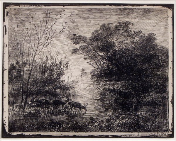 CHARLES FRANCIS DAUBIGNY (FRENCH 1817-1878) LES: CHARLES FRANCIS DAUBIGNY (FRENCH 1817-1878) LES CERFS. Cliche-verre, 1862, numbered 120/150 in pencil on the reverse; Published by le Garrec, Paris, with their ink stamp on the reverse. D.134; Frame: 