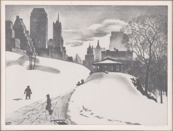 LOUIS LOZOWICK (1892-1973) WINTER FUN.: LOUIS LOZOWICK (1892-1973) WINTER FUN. Lithograph, 1940, signed in pencil, Flint 188 9.5"x12.5"