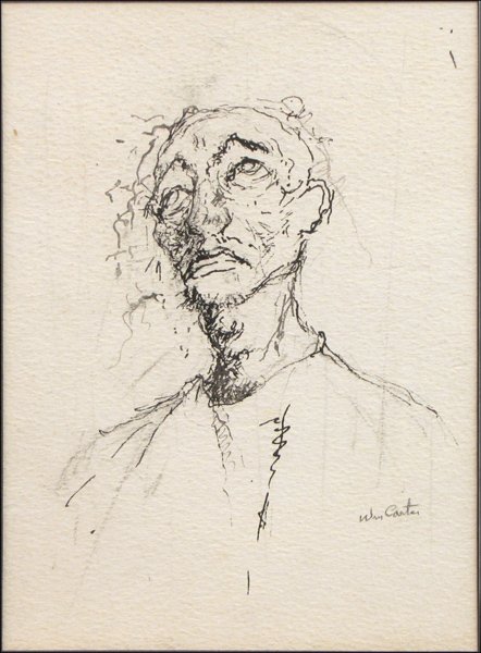 WILLIAM SYLVESTER CARTER (AMERICAN 1909-1996) P: WILLIAM SYLVESTER CARTER (AMERICAN 1909-1996) PORTRAIT OF A MAN. Ink on paper, signed lower right 'Wm Carter;' Verso: Gallery label reading in part 'Beverly Hills Gallery, Chicago, IL;' Frame: 14.6" x