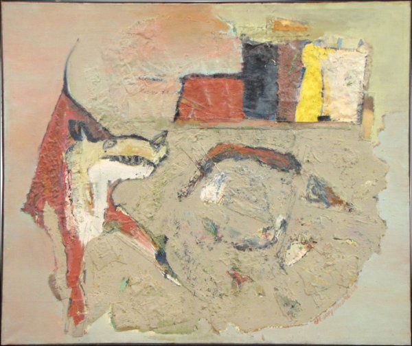 BENNY ANDREWS (AMERICAN 1930-2006) ALLEY GYPSY,: BENNY ANDREWS (AMERICAN 1930-2006) ALLEY GYPSY, 1961. Oil and mixed media collage on canvas, signed lower right 'Benny Andrews;' Titled, dated and signed on the reverse; Frame: 40.75" x 48.25" 40" x 4