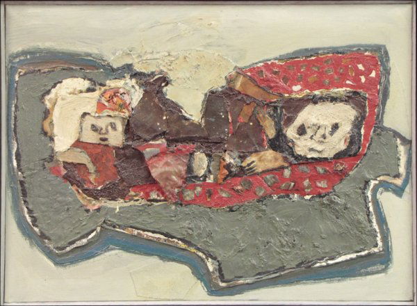 BENNY ANDREWS (AMERICAN 1930-2006) ROYALTY, 196: BENNY ANDREWS (AMERICAN 1930-2006) ROYALTY, 1961. Oil on mixed media collage on canvas, signed, titled and dated on the reverse; Frame: 28.75" x 21.25" 27.75" x 20.25"