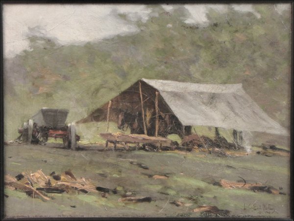 LAWRENCE CARMICHAEL EARLE (AMERICAN 1845-1921) : LAWRENCE CARMICHAEL EARLE (AMERICAN 1845-1921) HORSE SHELTER. Oil on canvas, signed and inscribed lower right 'L.C. Earle A.N.A;' Frame: 15.50" x 19.50" 12.1" x 16.1"