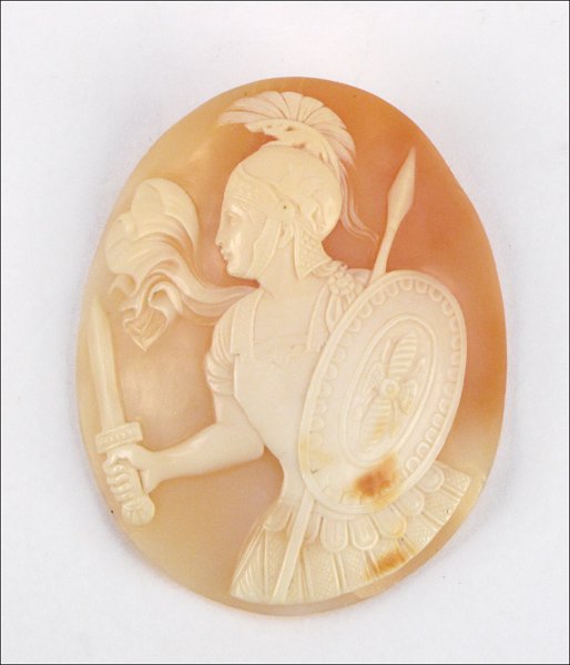 UNMOUNTED CARVED SHELL CAMEO DEPICTING ATHENA.: UNMOUNTED CARVED SHELL CAMEO DEPICTING ATHENA. 2.25" x 1.75"