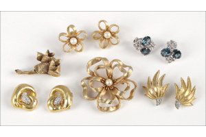 BOUCHER RHINESTONE FOLIATE EARCLIPS.: BOUCHER RHINESTONE FOLIATE EARCLIPS. Together with a pair of Mazer rhinestone and gilt metal earclips, one pair of B.E. Cook blue and white rhinestone earclips, and one Capri pinwheel brooch with matc