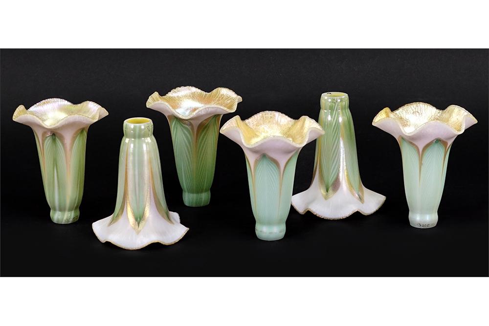 A Set of Six Quezal Art Glass Shades. (1 of 8)