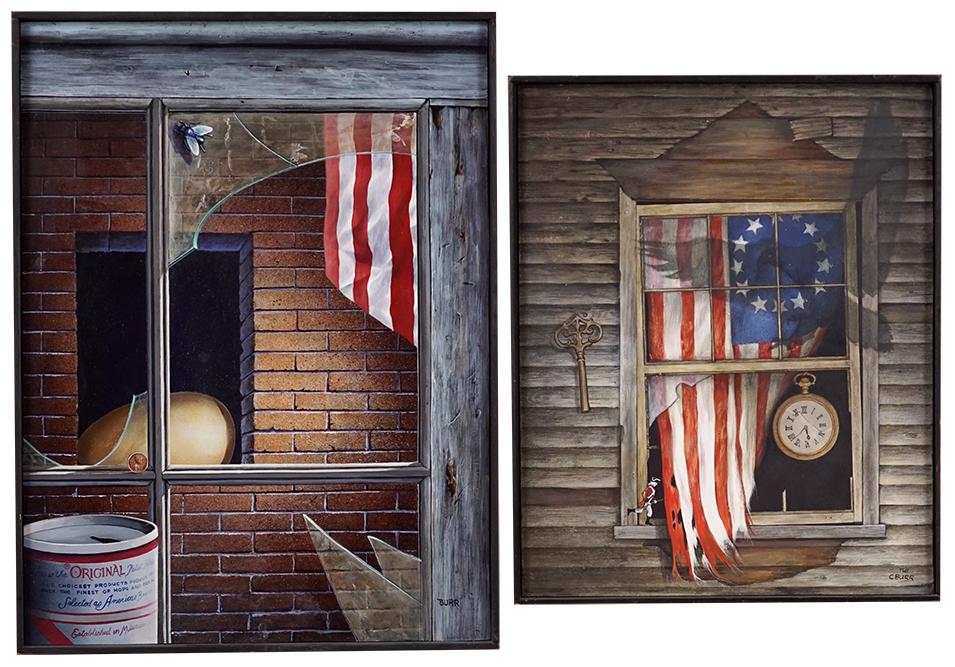 John A. and Carolyn D. Burr (TWB) (American, 20th: John A. and Carolyn D. Burr (TWB) (American, 20th Century) Trompe l'oeil Windows. Two oils on masonite, one signed BURR and TWB, the other signed TWB and C BURR Larger: 24" x 18" Frame: 28 1/2" x 22 3