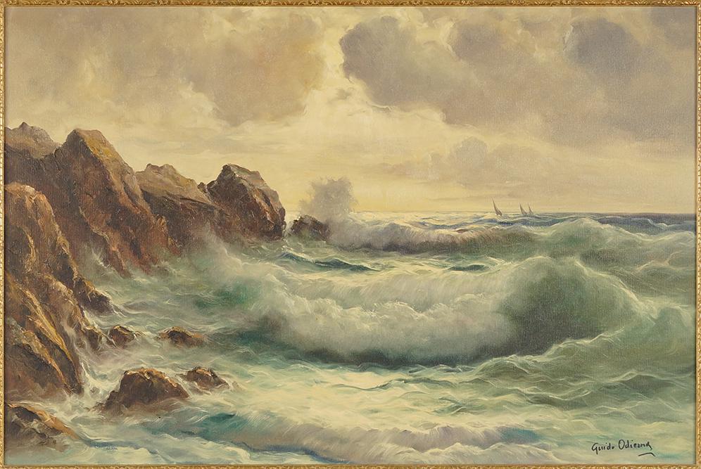 Guido Odierna (Italian, 1913-1991) Rocks and Surf.: Guido Odierna (Italian, 1913-1991) Rocks and Surf. Oil on canvas, signed lower right. Provenance: Van Pelt Art Galleries, Chicago 24" x 36" Frame: 31 1/4" x 43 1/4"