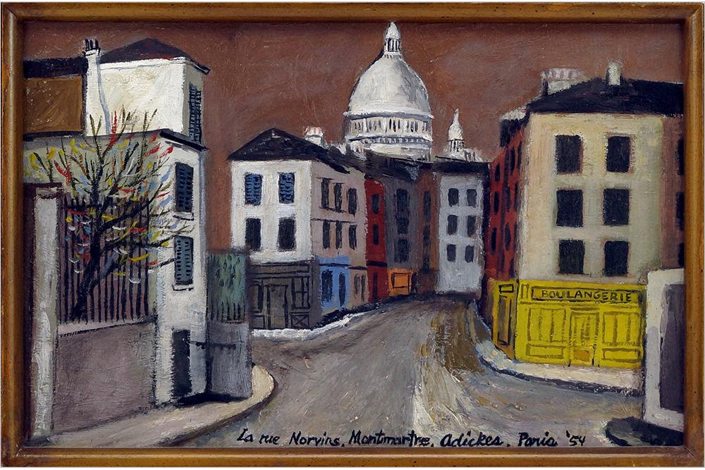 David Adickes (American, B. 1927) La Rue Norvins,: David Adickes (American, B. 1927) La Rue Norvins, Montmartre. Oil on board, signed lower right, titled and dated Paris '54. Provenance: James Bute Gallery, Houston; Du Bose Gallery, Houston Board: 7"