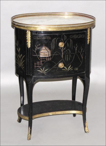 CHINOISERIE STYLE BRASS MOUNTED EBONIZED WOOD T: CHINOISERIE STYLE BRASS MOUNTED EBONIZED WOOD TABLE. Comprised of two drawers below a marble inset gallery top H: 32" W: 23" D: 16"