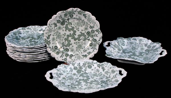 WILLIAM RIDGEWAY & COMPANY EARTHENWARE TABLE SE: WILLIAM RIDGEWAY & COMPANY EARTHENWARE TABLE SERVICE IN THE FLOSCULOUS PATTERN. Comprised of two double handled serving dishes, and eleven plates Plate diameter: 9"