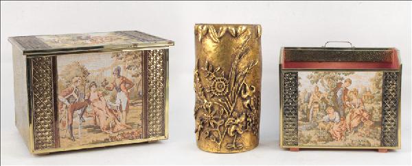 ENGLISH CEDAR AND BRASS DIMINUTIVE TRUNK AND LE: ENGLISH CEDAR AND BRASS DIMINUTIVE TRUNK AND LETTER HOLDER. Both with inset tapestry panels. Together with a carved giltwood umbrella stand