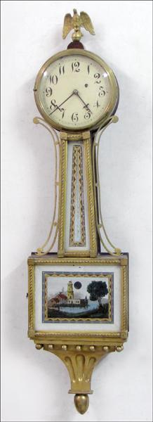 KILLAM & CO. BANJO CLOCK.: KILLAM & CO. BANJO CLOCK. With reverse painted glass panels. Movement marked #302 Pawtucket RI H: 42" W: 10" D: 4"