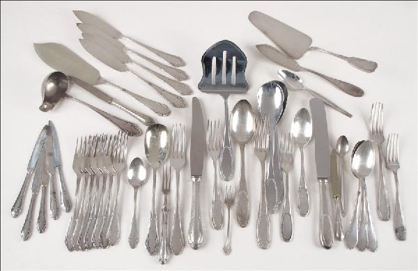 GERMAN CLARFELD PARTIAL SILVERPLATE FLATWARE SE: GERMAN CLARFELD PARTIAL SILVERPLATE FLATWARE SERVICE. Together with various German and American silverplate serving pieces and utensils