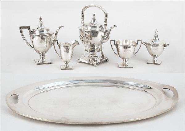 GORHAM STERLING SILVER FIVE-PIECE TEA AND COFFE: GORHAM STERLING SILVER FIVE-PIECE TEA AND COFFEE SERVICE. Comprised of a tea kettle on stand, coffee pot, creamer, covered sugar bowl, and a waste pot. All pieces monogrammed "R.G.M.". Together with a