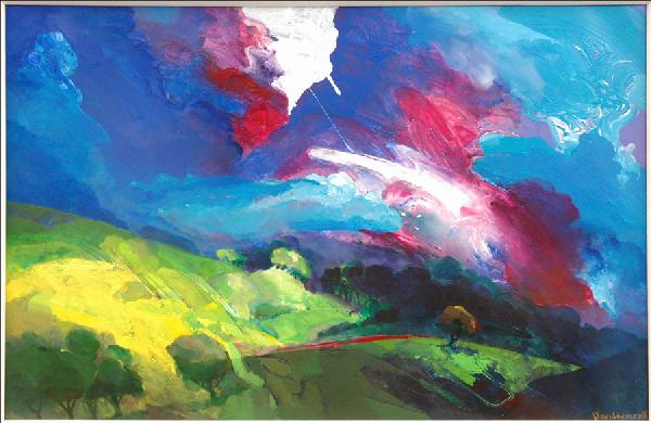 DAVID LEVERETT (BRITISH, B.1938) LANDSCAPE.: DAVID LEVERETT (BRITISH, B.1938) LANDSCAPE. Oil on paper, signed lower right 'David Leverett;' Verso: Paper label from Merrill Chase Galleries; Frame: 35.50" x 51.50" 29" x 45"