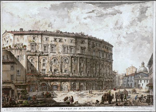 AFTER PIRANESI TEATRO DI MARCELLO.: AFTER PIRANESI TEATRO DI MARCELLO. Hand colored etching; Frame: 23.75" x 30" 16" x 21.6"; 20" x 27" (sheet)