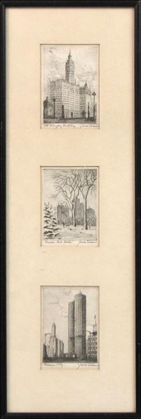 JAMES SWANN (1905-1985) THREE ETCHINGS.: JAMES SWANN (1905-1985) THREE ETCHINGS. Comprised of "Marina City", "Lincoln Park-South", and "The Wrigley Building" Etching: 4.75 x 3.25" Frame: 23" x 8"