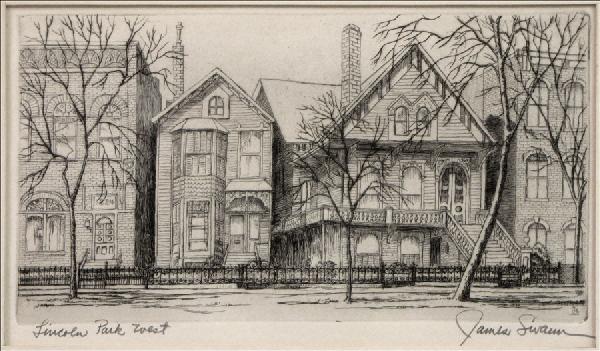 JAMES SWANN (1905-1985) LINCOLN PARK WEST.: JAMES SWANN (1905-1985) LINCOLN PARK WEST. Etching, pencil signed LR Sight: 5.25" x 9.25"