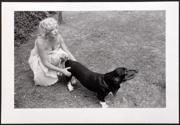 SAM SHAW (AMERICAN 1912-1999) MARILYN WITH HUGO: SAM SHAW (AMERICAN 1912-1999) MARILYN WITH HUGO THE BASSETT HOUND. Black and white photograph, 1954, number 20 from portfolio D of The Joy of Marilyn, with Sam Shaw embossment stamp lower right and in