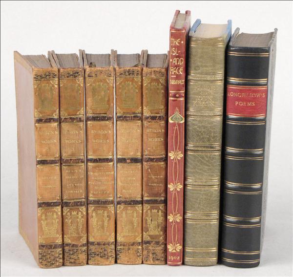 BYRON'S WORKS, FIVE VOLUMES.: BYRON'S WORKS, FIVE VOLUMES. John Murray, London, 1821. Verso of each title page is printed, "Thomas Davison, Whitefriars", Full gilt leather with marbled edges. Together with: Newbold, Henry, "The Is