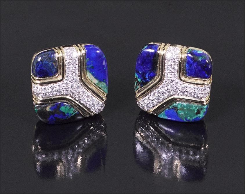 A Pair of Azurite Malachite & Diamond Earclips. (1 of 1)