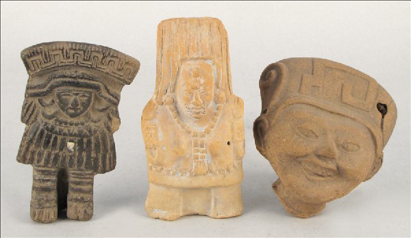 PRE-COLUMBIAN FIGURAL POTTERY RATTLE.: PRE-COLUMBIAN FIGURAL POTTERY RATTLE. Together with an Aztec carved stone warrior, H: 6.5", and Pre-Columbian pottery head, H: 6" Rattle Height: 7"
