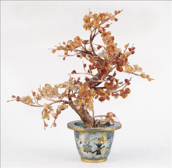 CHINESE CARNELIAN TREE IN A CLOISONNE POT.: CHINESE CARNELIAN TREE IN A CLOISONNE POT. Approximately: H: 16" W: 14" D: 8"