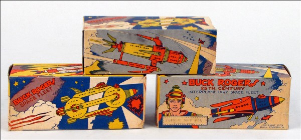 THREE BUCK ROGERS UNASSEMBLED BATTLE FLEET KITS: THREE BUCK ROGERS UNASSEMBLED BATTLE FLEET KITS, 1934. Comprised of one Battle Cruiser, #1, one Venus Destroyer # 5A, and one Pursuit Ship # 6A. All kits have their original boxes, instructions, and p