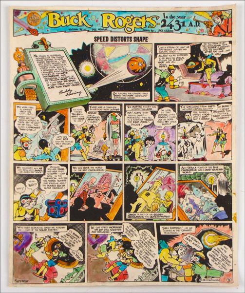 DICK CALKINS BUCK ROGERS HAND COLORED SUNDAY CO: DICK CALKINS BUCK ROGERS HAND COLORED SUNDAY COMIC STRIP ORIGINAL ART (JOHN F. DILLE CO., 1931). Comprising the Sunday strip #88 from the ÒPrisoners of Alpha CenturiansÓ series. Strip features Buddy