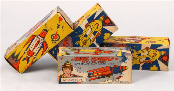 FOUR BUCK ROGERS UNASSEMBLED BATTLE FLEET KITS,: FOUR BUCK ROGERS UNASSEMBLED BATTLE FLEET KITS, 1934. Comprised of one Battle Cruiser # 1, one Martian Police Ship # 2A, one Venus Destroyer #5A, and one Pursuit Ship # 6A. All kits have their origina