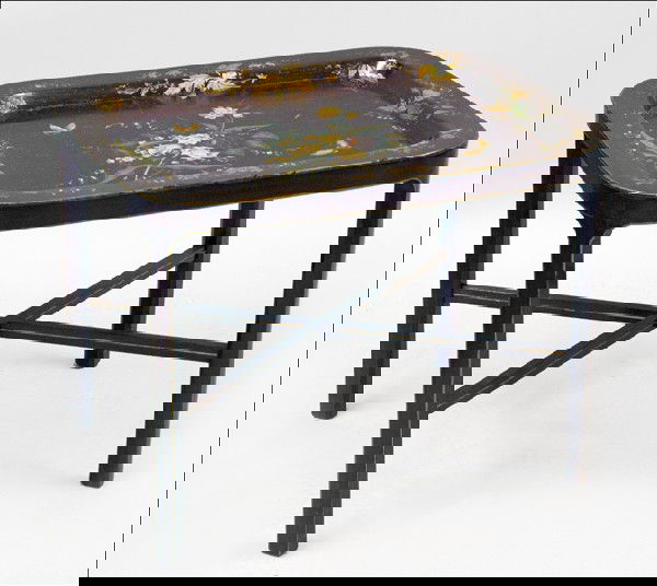 PAPIER MACHE TRAY TABLE.: PAPIER MACHE TRAY TABLE. Tray is gilt and transfer decorated and rests on a mahogany table H: 23" W: 30" D: 23"