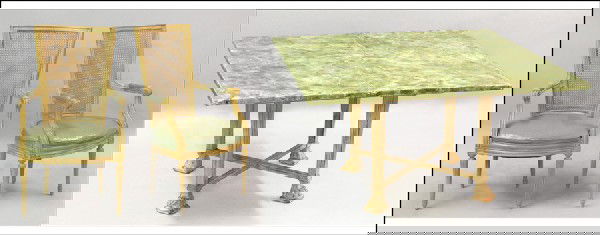 ITALIAN PAINTED DINING SUITE.: ITALIAN PAINTED DINING SUITE. Including a dining table with faux marble top, H: 30" W: 54" D: 54", with one 27" leaf, and four caned armchairs, H: 43.5"