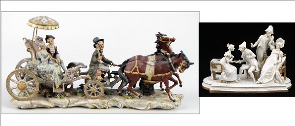 ITALIAN WORKS OF ART GILT AND PAINTED PORCELAIN: ITALIAN WORKS OF ART GILT AND PAINTED PORCELAIN FIGURAL GROUP. Depicting a couple in a horse drawn carriage. Together with a Continental gilt porcelain figural group depicting a court scene H: 8" W: 1