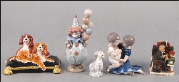 BING & GRONDAHL PORCELAIN FIGURE, 1568.: BING & GRONDAHL PORCELAIN FIGURE, 1568. Together with a Lladro porcelain clown, a Lladro porcelain dog, a Normal Rockwell porcelain figure, and a Jeanne Reed's figure of two dogs