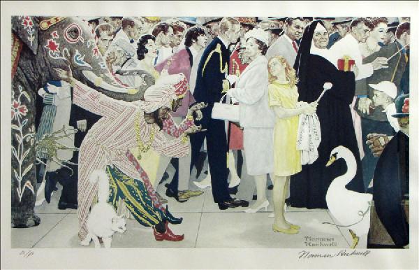 NORMAN ROCKWELL (AMERICAN 1894-1978) SATURDAY P: NORMAN ROCKWELL (AMERICAN 1894-1978) SATURDAY PEOPLE. Collotype on paper, 1972, signed in pencil lower right, edition A.P.; Illustration for McCall's, October, 1966; Frame: 31.25" x 40.25" 13.4" x 23"