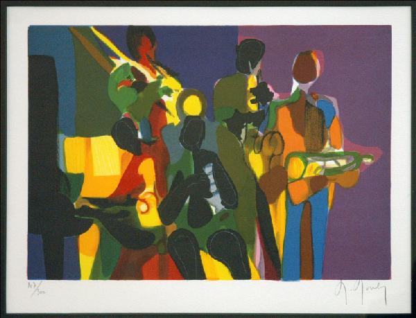 MARCEL MOULY (FRENCH 1918-2008) MUSICIANS.: MARCEL MOULY (FRENCH 1918-2008) MUSICIANS. Lithograph in colors, signed in pencil lower right and numbered lower left 107/300; Frame: 19.25" x 22.75" 9.50" x 13.25"