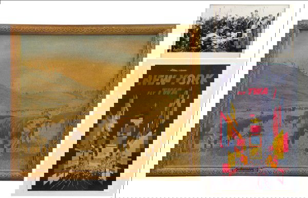 GROUP OF TWO FRAMED TRAVEL POSTERS TWA AND NORT: GROUP OF TWO FRAMED TRAVEL POSTERS TWA AND NORTHERN PACIFIC RAILROAD. Northern Pacific Round-up (24.75" x 30.50"); After David Klein: New York - Fly TWA (24" x 18.25" sight); Together with The Cossack