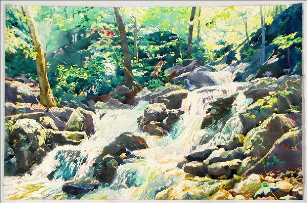MARY ANN POPE (AMERICAN, B.1932) SPRING TORRENT: MARY ANN POPE (AMERICAN, B.1932) SPRING TORRENT II. Watercolor on paper, signed lower right; Signed additionally and titled on the reverse; Loose sheet 26" x 40"