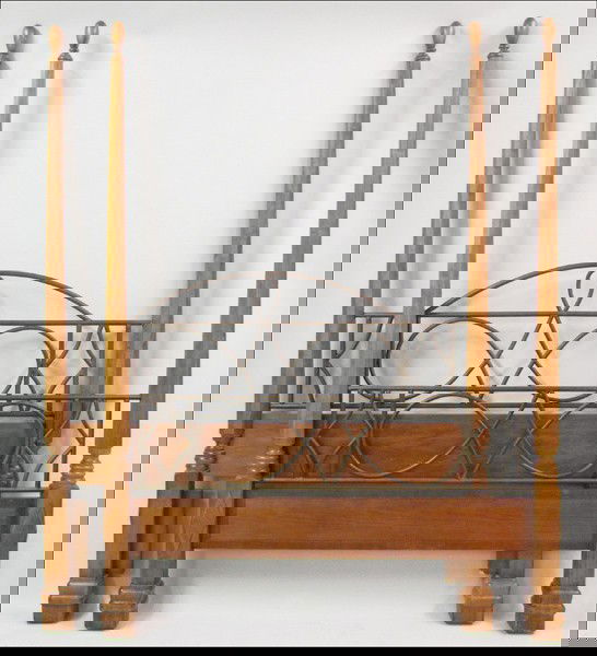 MAHOGANY AND PATINATED METAL FOUR-POSTER BED.: MAHOGANY AND PATINATED METAL FOUR-POSTER BED. Including a headboard and footboard, 88" x 64.5" each, and two side rails, L: 82"