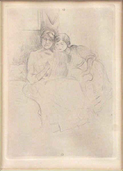 BERTHE MORISOT (FRENCH 1841-1895) THE DRAWING L: BERTHE MORISOT (FRENCH 1841-1895) THE DRAWING LESSON. Drypoint etching; Verso: Gallery label reading in part 'Kovler Gallery, Chicago, IL;' Frame: 16.75" x 14.25" 7.4" x 5.4"