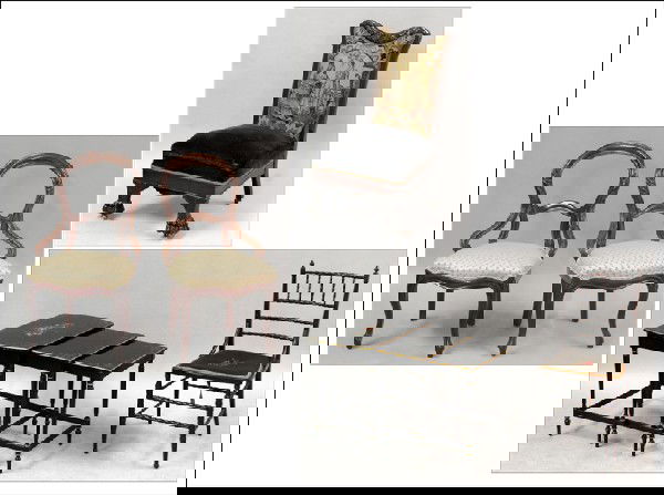 PAIR OF VICTORIAN BALLOON-BACK SIDE CHAIRS.: PAIR OF VICTORIAN BALLOON-BACK SIDE CHAIRS. Together with a Victorian style needlepoint upholstered turned mahogany side chair, a set of painted nesting tables, H: 22" W: 24" D: 15" and an Empire styl