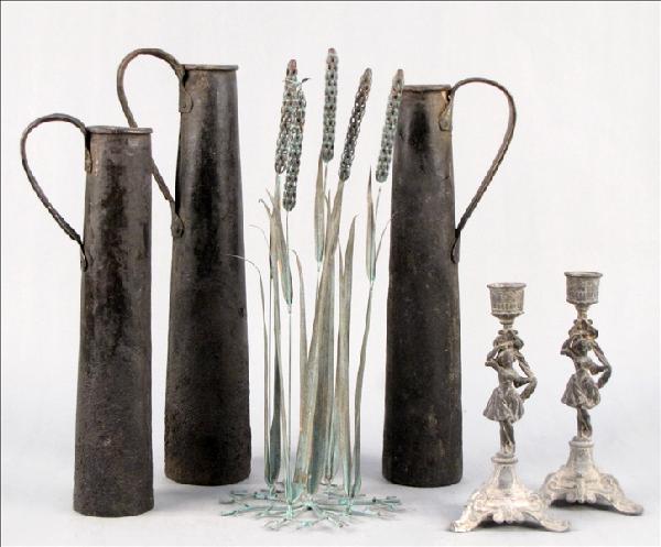 PATINATED COPPER CAT TAIL FORM DECORATIVE OBJEC: PATINATED COPPER CAT TAIL FORM DECORATIVE OBJECT. Together with a pair of patinated metal candlesticks, and three metal pitchers Cat tail height: 16"